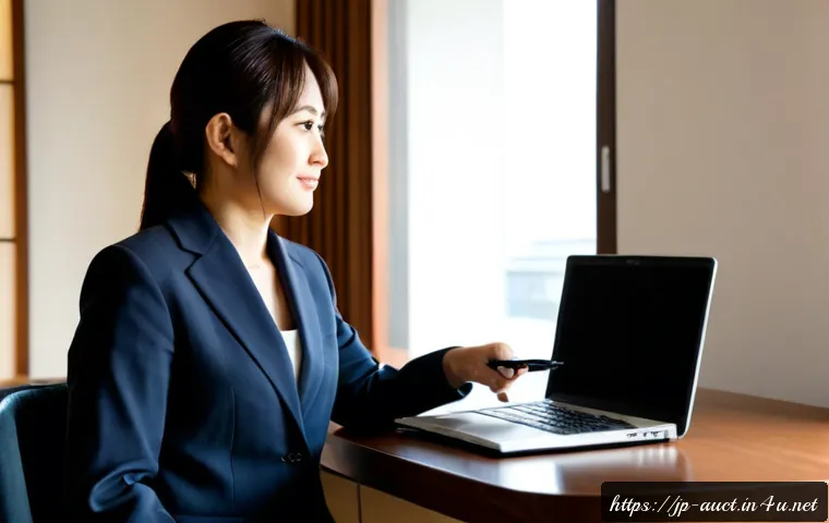 경매사 경력 전환을 위한 전략 - Photorealistic Japanese mid-career professional at a clean home office desk, thoughtfully comparing ...