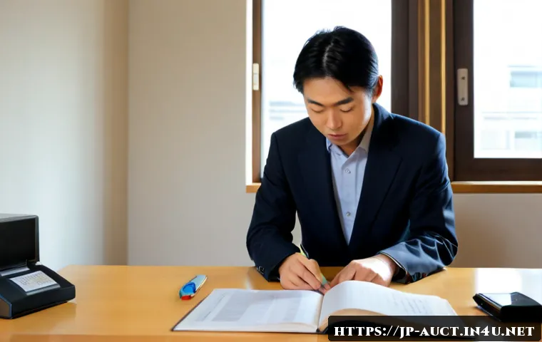 경매사 관련 자격증 시험 일정 및 준비법 - Photorealistic Japanese professional studying for an auctioneer certification exam at a clean home o...